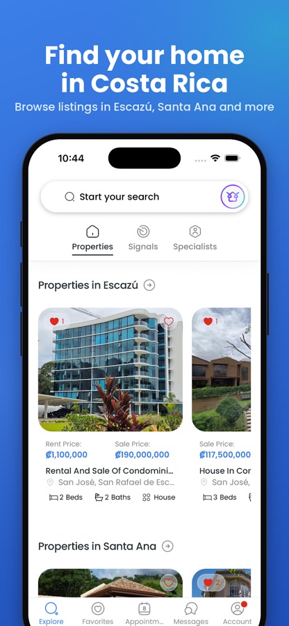 Chozi app screens: listing prices on a map, homes for sale and rent in Escazú, and a property’s details