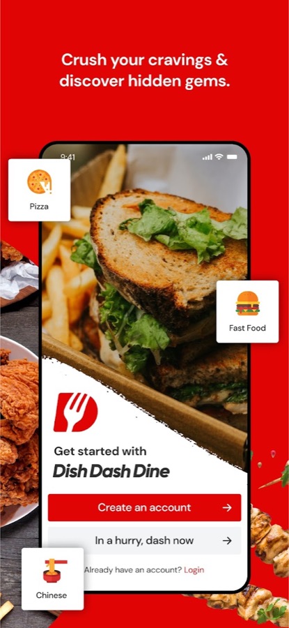 Dish Dash Dine app screens: a food banner, the sign-up screen and a feed of restaurant deals