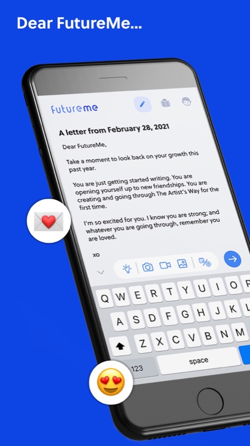 FutureMe app screens: starting a letter, writing to your future self and choosing a delivery date