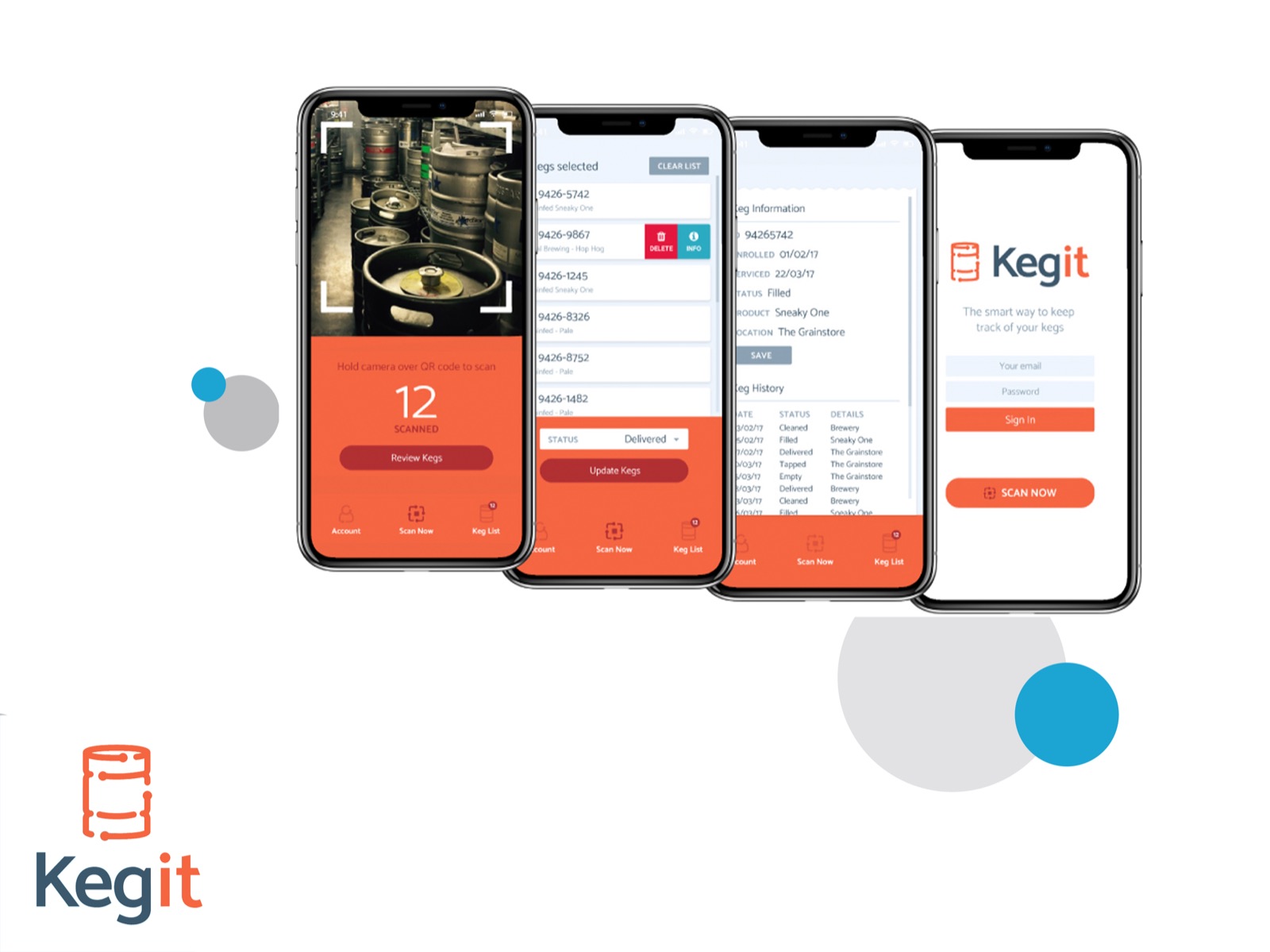 Four Kegit screens: scanning kegs by QR code, the selected-kegs list, keg history and sign-in