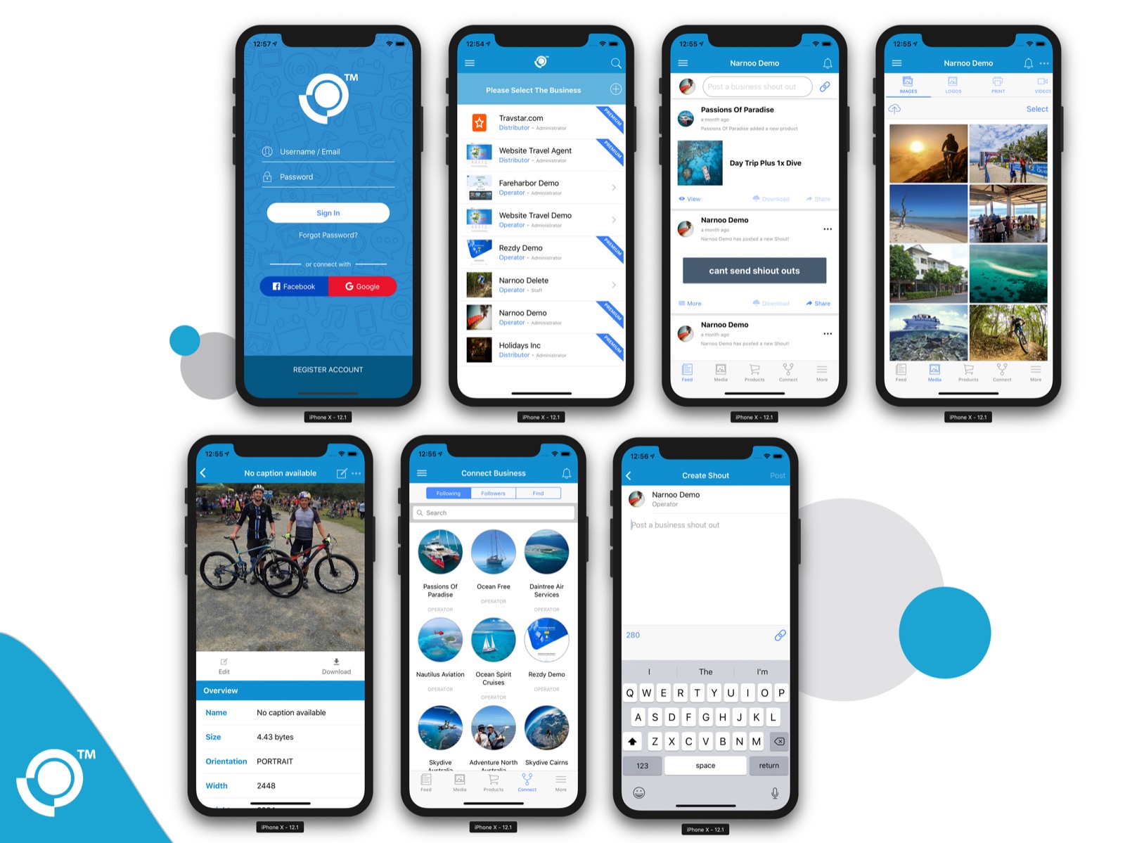Seven Narnoo iOS screens: sign-in, business picker, news feed, photo gallery, media details and post composer