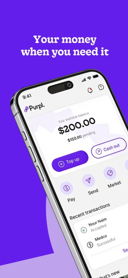 Purpl app screens: wallet balance, an incoming international transfer and cash-out details