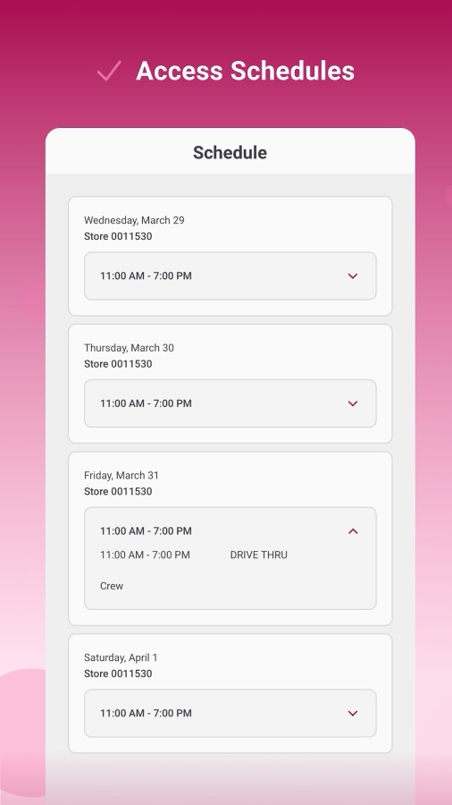 Small Software app screens: a team chat, the weekly shift schedule and a time-off request