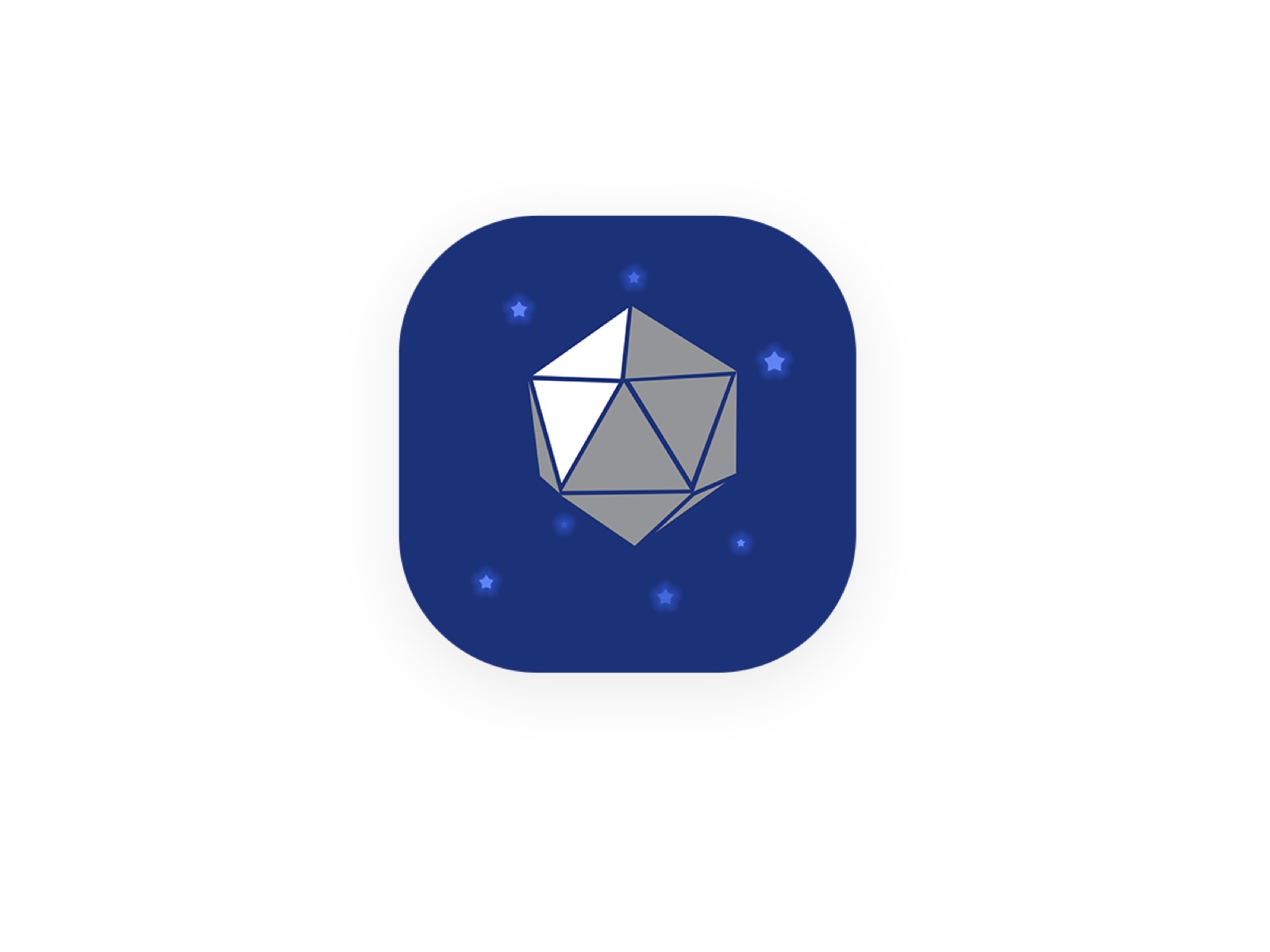 Stars of Aroha app icon: a white geometric gem on a starry navy background
