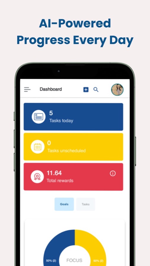 TaskSpur app screens: the navigation menu, the dashboard and a goal-planning calendar