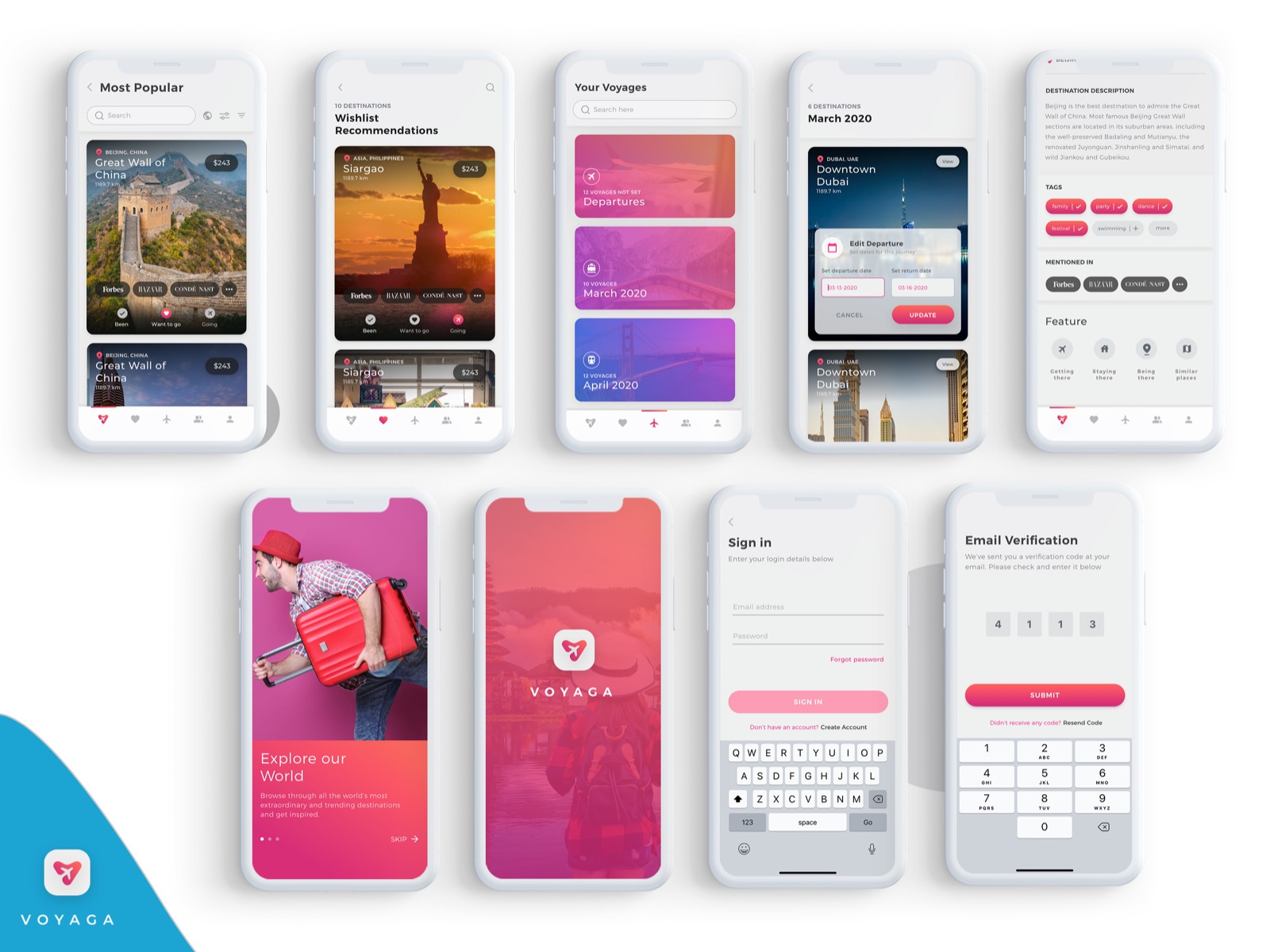 Nine Voyaga app screens: destination cards, wishlist, upcoming trips, sign-in and email verification