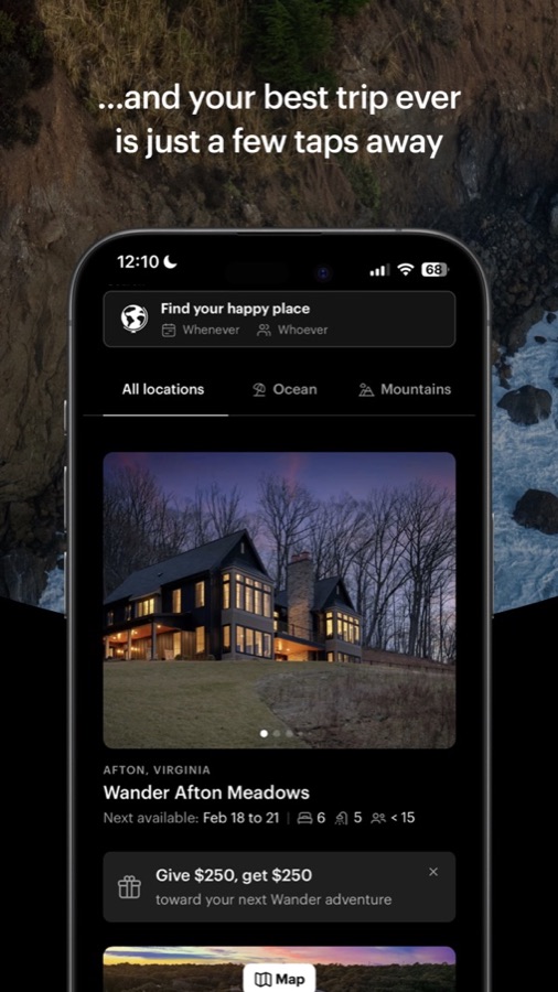 Wander app screens: a grid of vacation homes, the home feed and a property listing